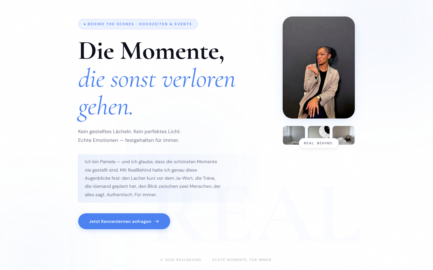 Früherer heller Desktopstand der RealBehind-Website mit persönlicher Vorstellung und direkter Kennenlernanfrage
