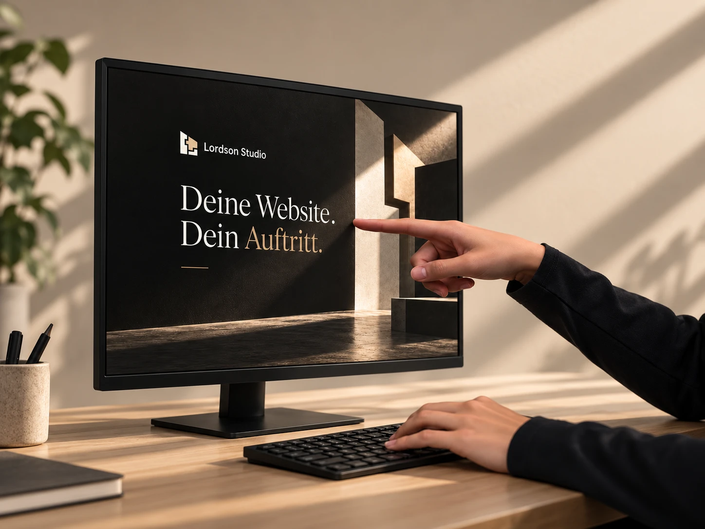 Hand vor einem Bildschirm mit Lordson Studio und dem Schriftzug: Deine Website. Dein Auftritt.